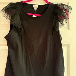 J. Crew Black Top with Sheer Polka Dot Ruffle Sleeves